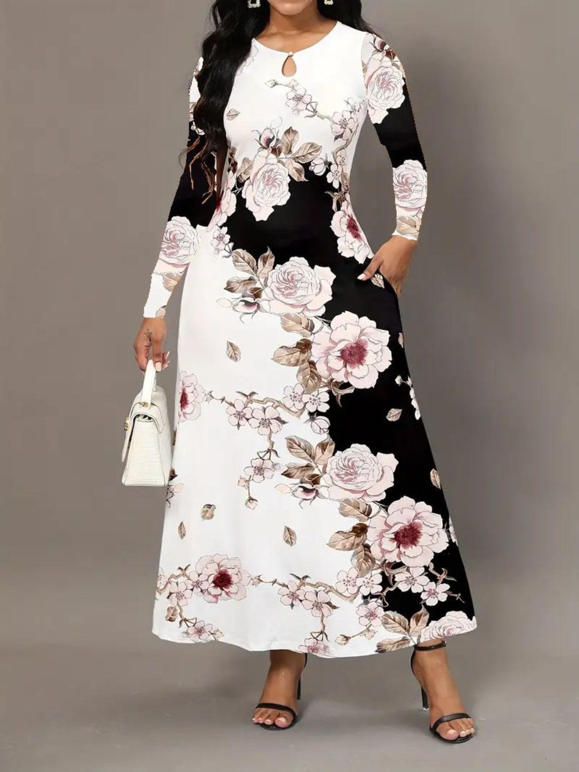 Pocketed Printed Long Sleeve Dress Carauana Store