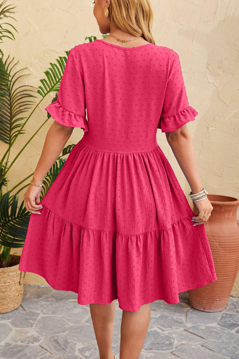 Swiss Dot Ruffled V-Neck Tiered Dress Carauana Store