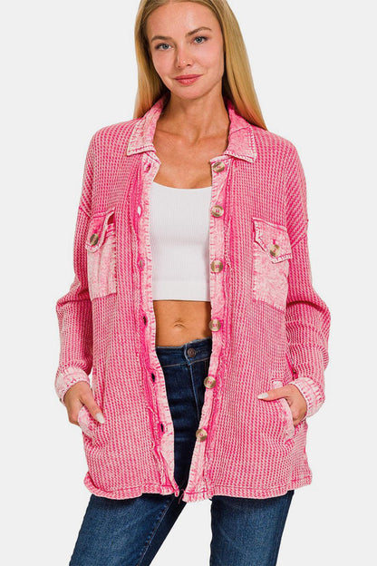 Zenana Waffle-Knit Button Up Dropped Shoulder Jacket Carauana Store