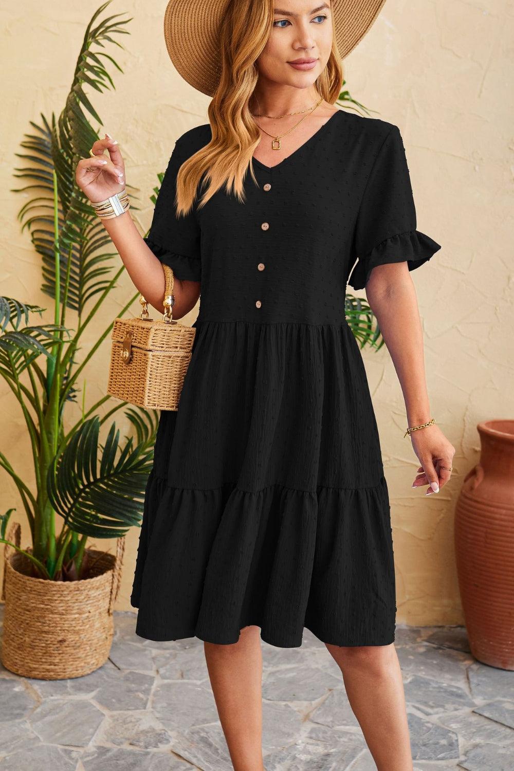 Swiss Dot Ruffled V-Neck Tiered Dress Carauana Store