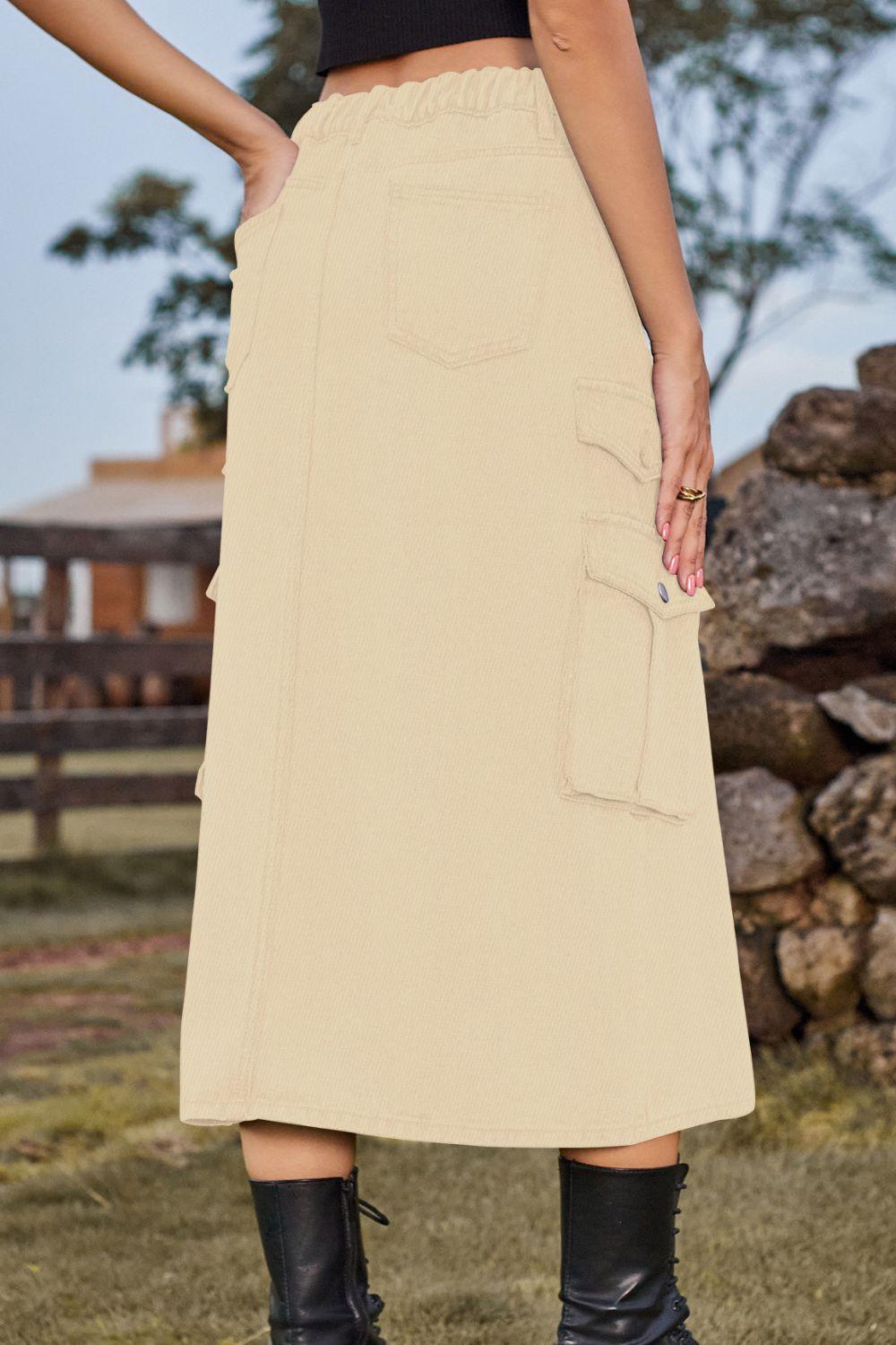 Slit Front Midi Denim Skirt with Pockets Carauana Store