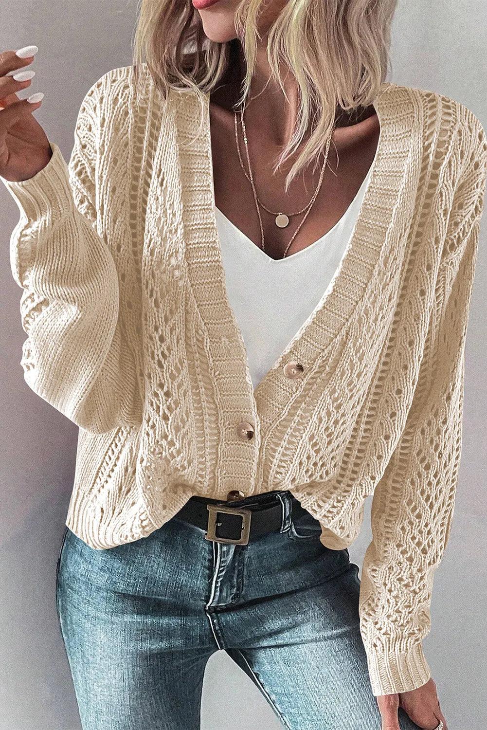 Openwork Button Up Long Sleeve Cardigan Carauana Store