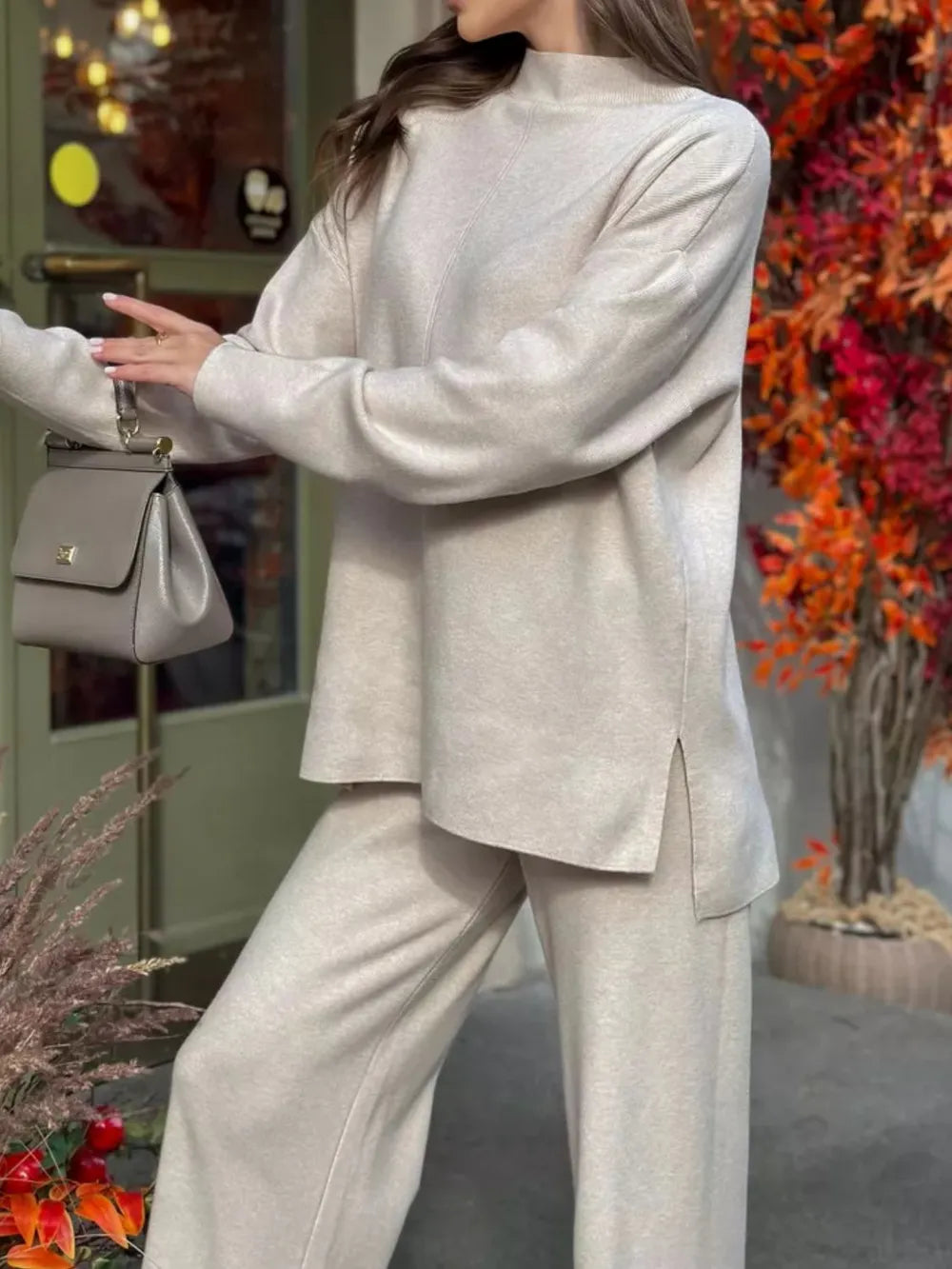 Slit Mock Neck Top and Pants Sweater Set Carauana Store