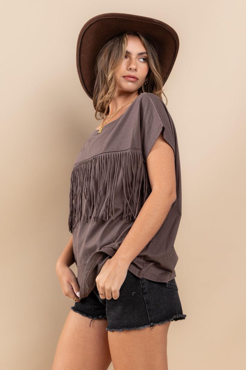 Ces Femme Fringe Detail Round Neck Short Sleeve Top Carauana Store