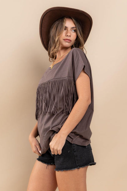 Ces Femme Fringe Detail Round Neck Short Sleeve Top Carauana Store