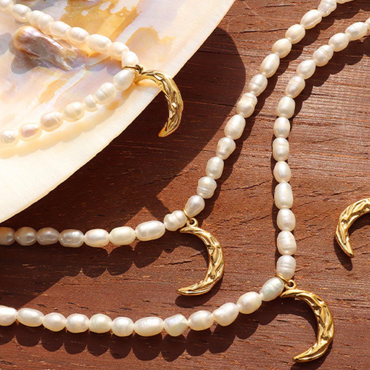 Pearl Titanium Steel Moon Shape Pendant Necklace Carauana Store