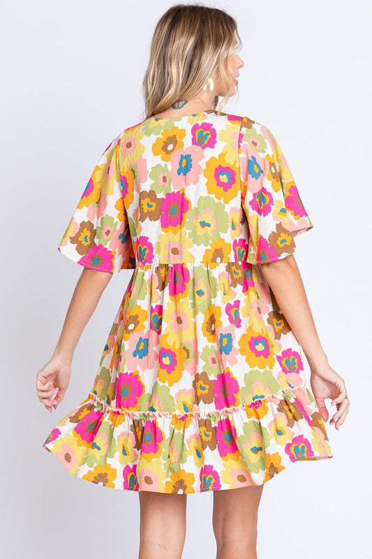 GeeGee Full Size Floral V-Neck Ruffle Trim Mini Dress Carauana Store
