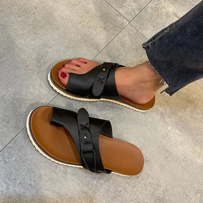 Toe Loop PU Leather Flat Sandals Carauana Store
