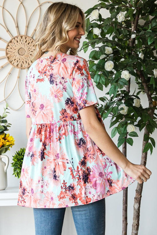 Heimish Full Size Floral V-Neck Short Sleeve Babydoll Blouse Carauana Store