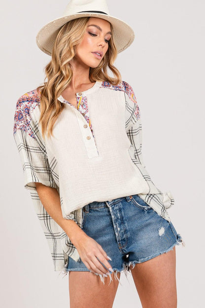 SAGE + FIG Plaid Half Button Gauze Top Carauana Store