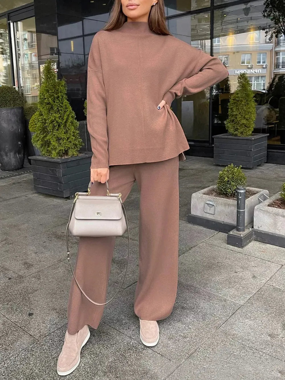 Slit Mock Neck Top and Pants Sweater Set Carauana Store