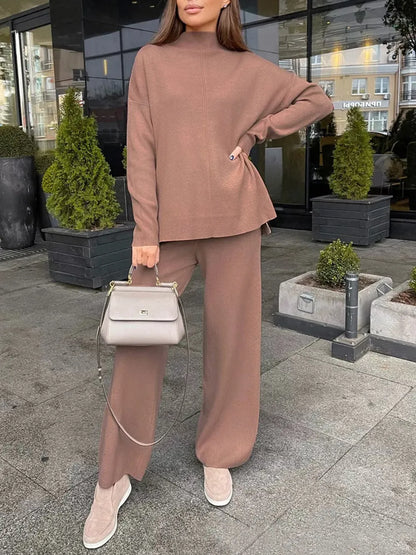 Slit Mock Neck Top and Pants Sweater Set Carauana Store