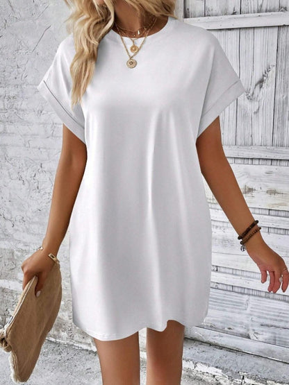 Pocketed Round Neck Short Sleeve Dress Carauana Store