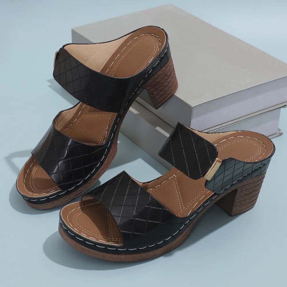 PU Leather Block Heel Sandals CaRaUaNa Fashion
