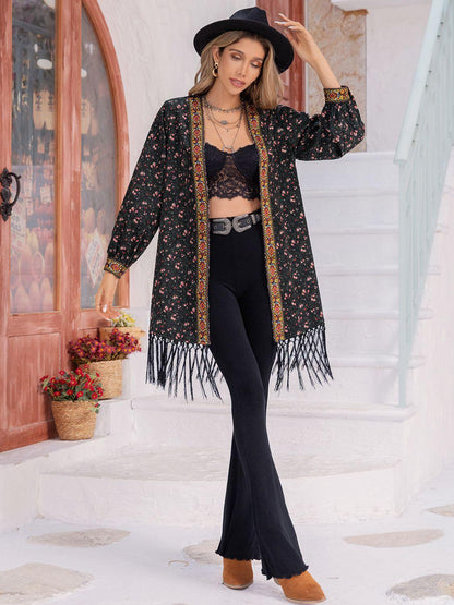 Printed Fringe Detail Cardigan Carauana Store
