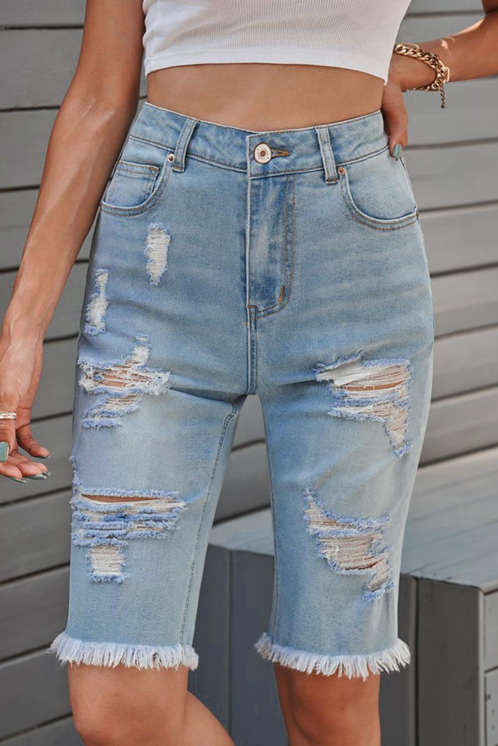 Distressed Raw Hem Denim Bermuda Shorts Carauana Store