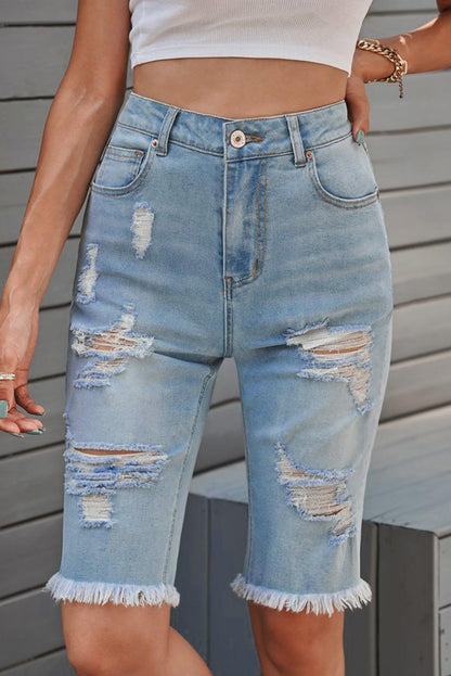 Distressed Raw Hem Denim Bermuda Shorts Carauana Store