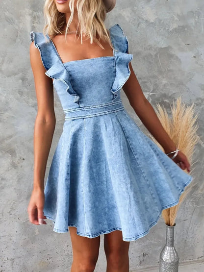 Ruffled Square Neck Denim Mini Dress Carauana Store