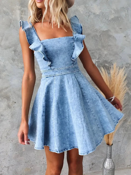 Ruffled Square Neck Denim Mini Dress Carauana Store