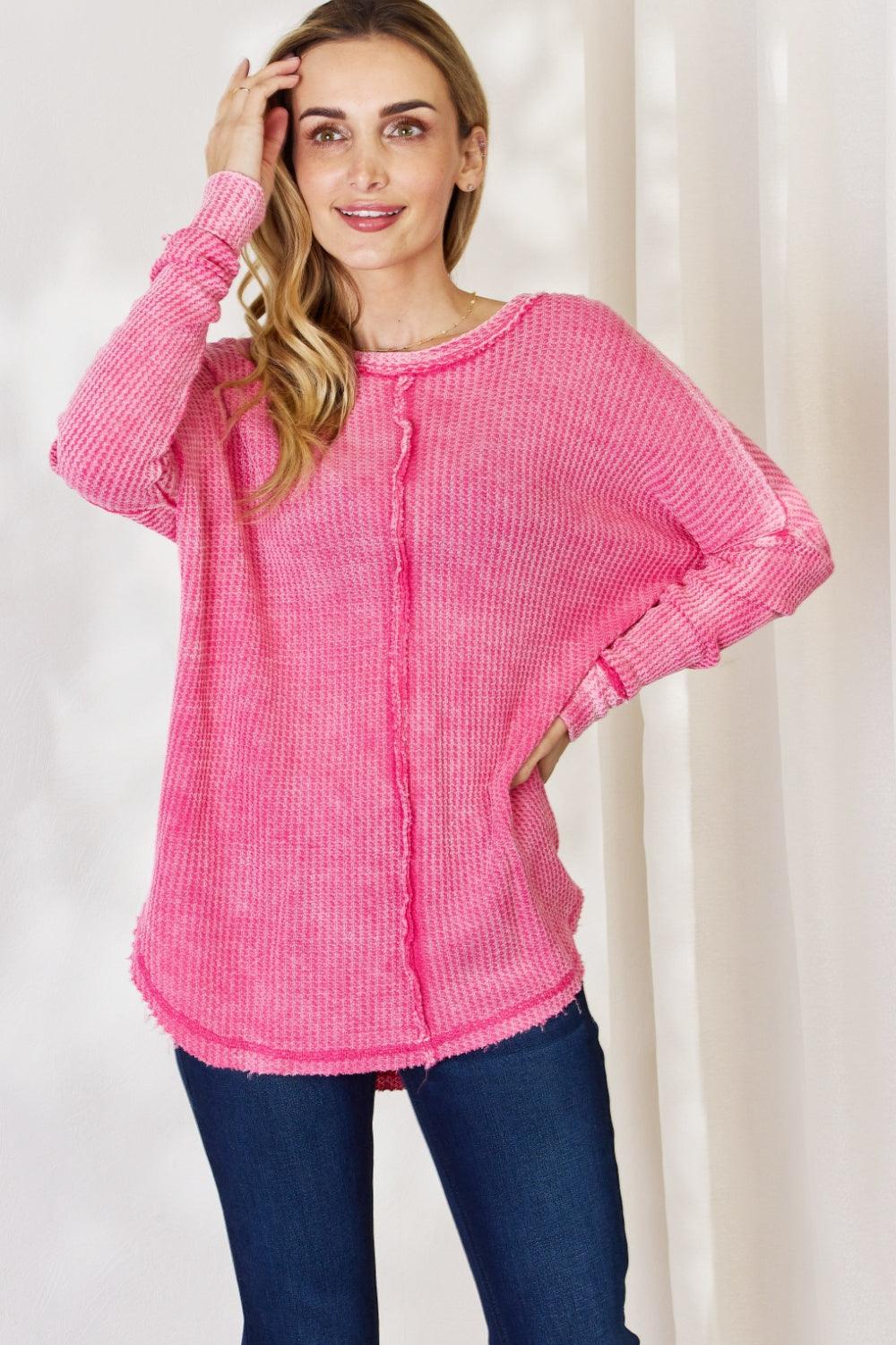 Zenana Oversized Washed Waffle Long Sleeve Top Carauana Store