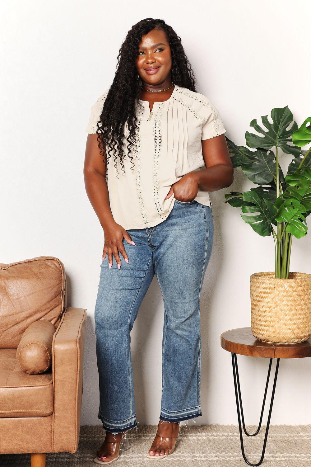 Double Take Crochet Buttoned Short Sleeves Top Carauana Store