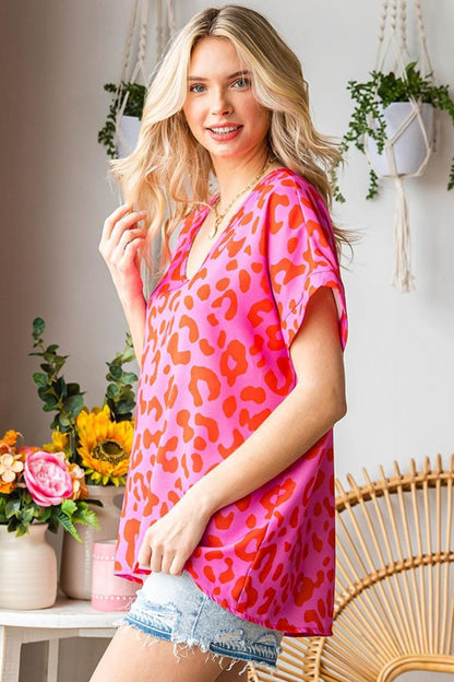 First Love Leopard V-Neck Short Sleeve Woven Top Carauana Store