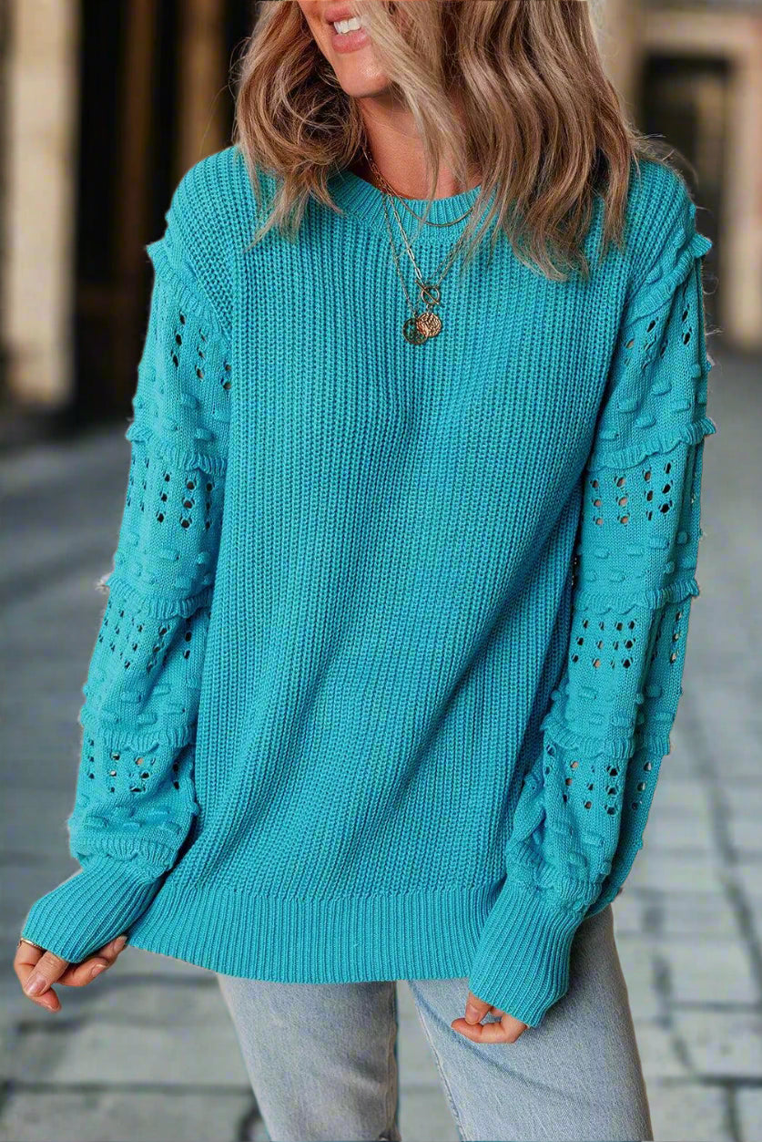 Openwork Frill Round Neck Long Sleeve Sweater CaRaUaNa Fashion