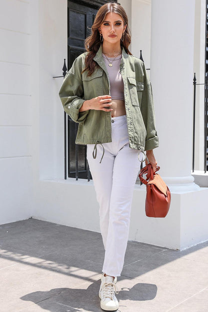 Drawstring Snap Down Dropped Shoulder Denim Jacket Carauana Store