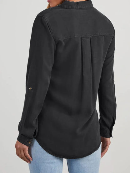 Collared Neck Roll-Tab Sleeve Denim Top Carauana Store