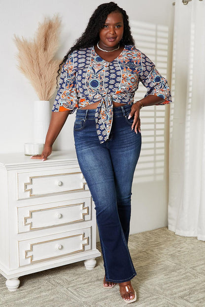 Tie Hem V-Neck Three-Quarter Sleeve Blouse Carauana Store