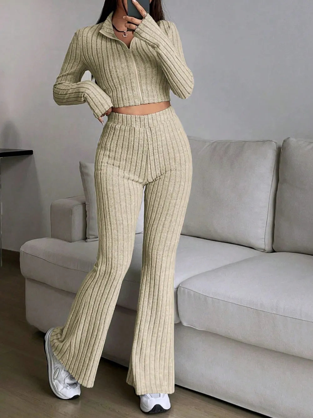 Honey Zip Up Long Sleeve Top and Pants Set Carauana Store