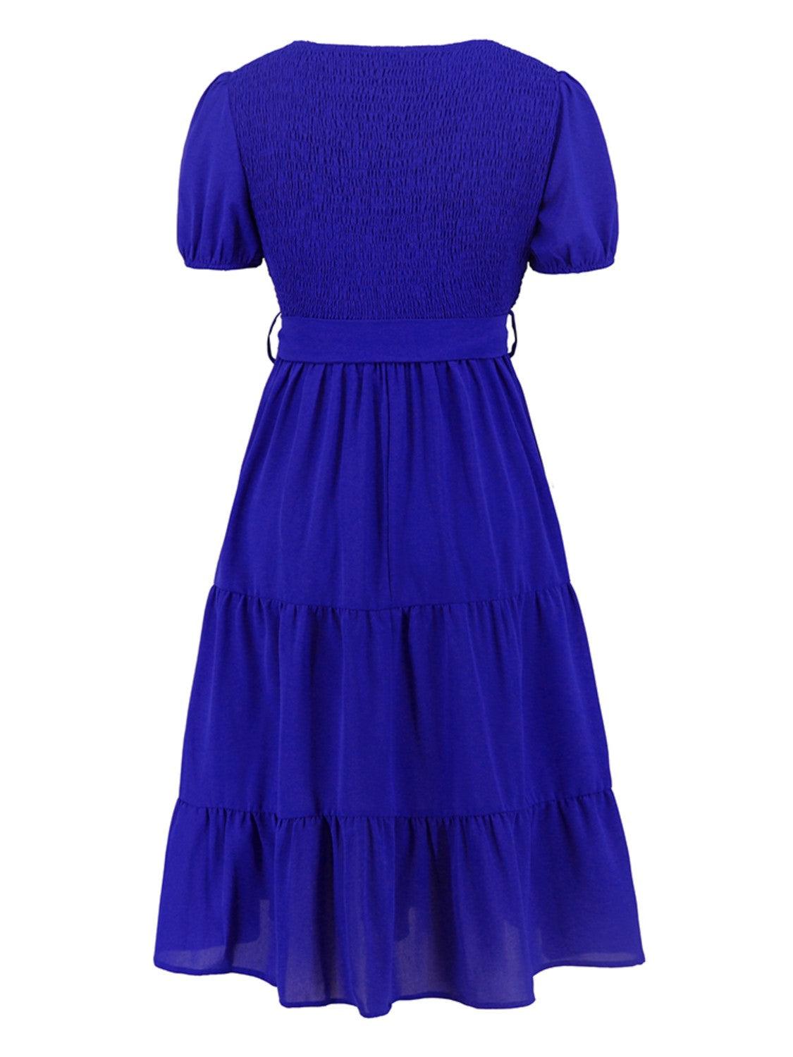Smocked Tie Front Short Sleeve Tiered Dress Carauana Store