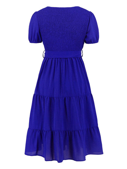 Smocked Tie Front Short Sleeve Tiered Dress Carauana Store