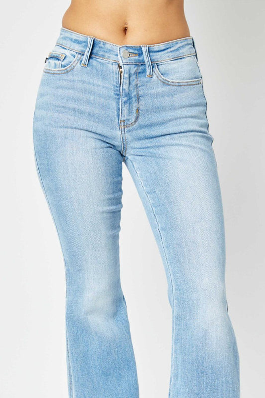 Judy Blue Full Size Mid Rise Raw Hem Slit Flare Jeans Carauana Store