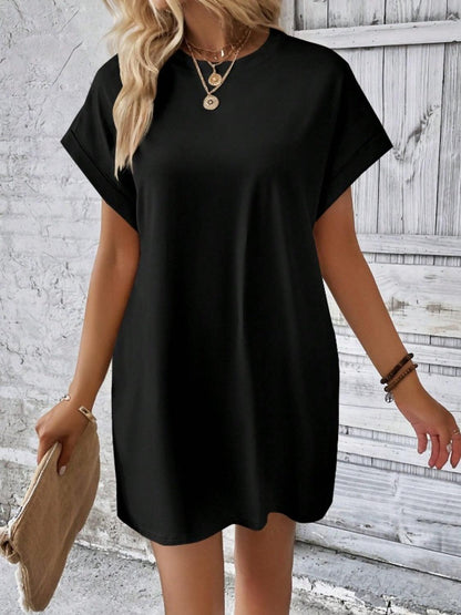 Pocketed Round Neck Short Sleeve Dress Carauana Store