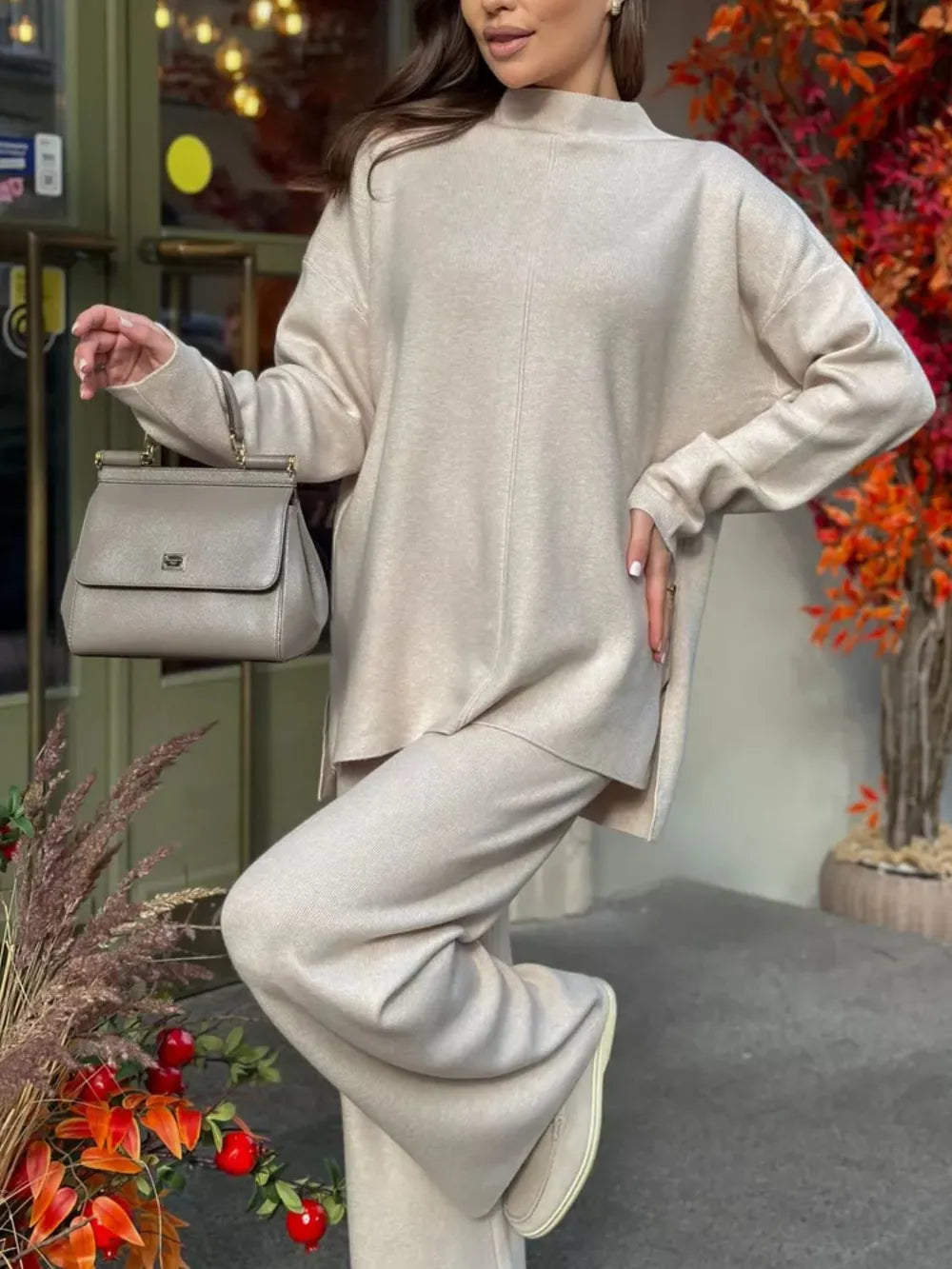 Slit Mock Neck Top and Pants Sweater Set Carauana Store