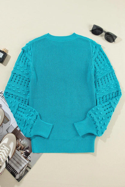 Openwork Frill Round Neck Long Sleeve Sweater CaRaUaNa Fashion