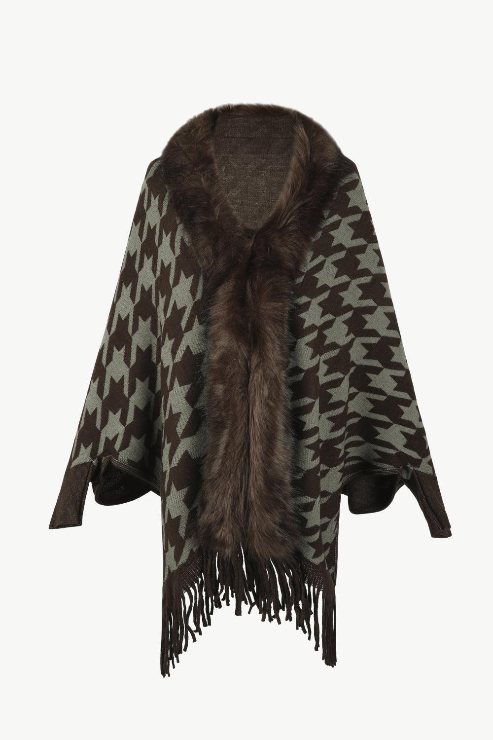 Houndstooth Fringe Hem Poncho Carauana Store