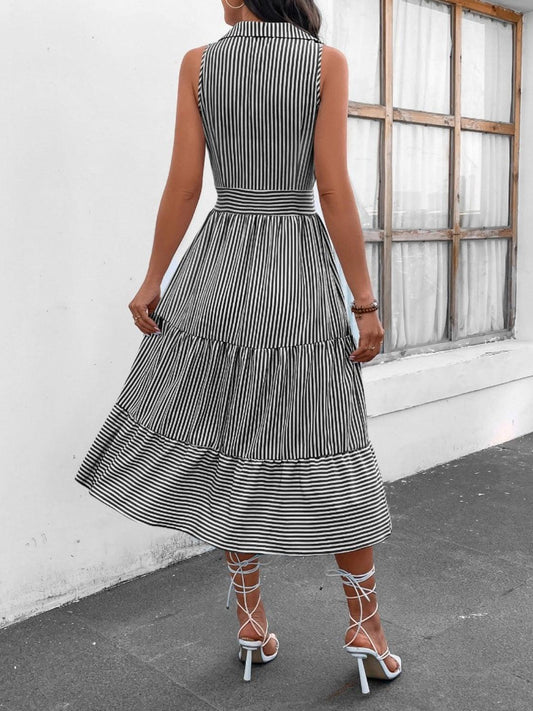 Striped Johnny Collar Sleeveless Midi Dress Carauana Store