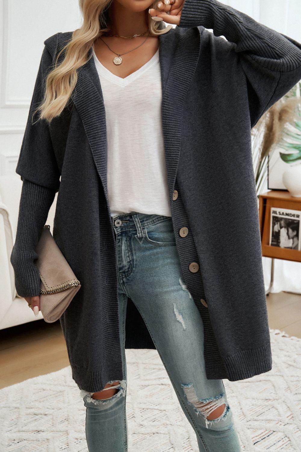 Devine Button Up Long Sleeve Hooded Cardigan Carauana Store