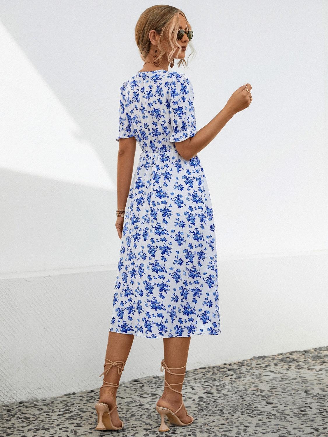 Slit Printed V-Neck Short Sleeve Dress Carauana Store