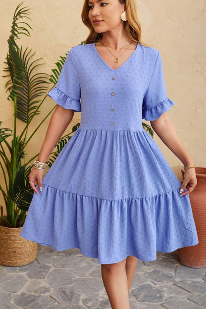 Swiss Dot Ruffled V-Neck Tiered Dress Carauana Store