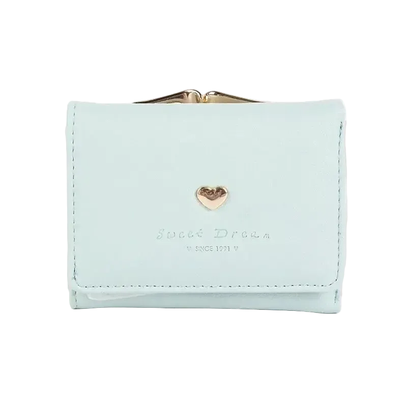 Light blue wallet with a heart-shaped logo on a white background